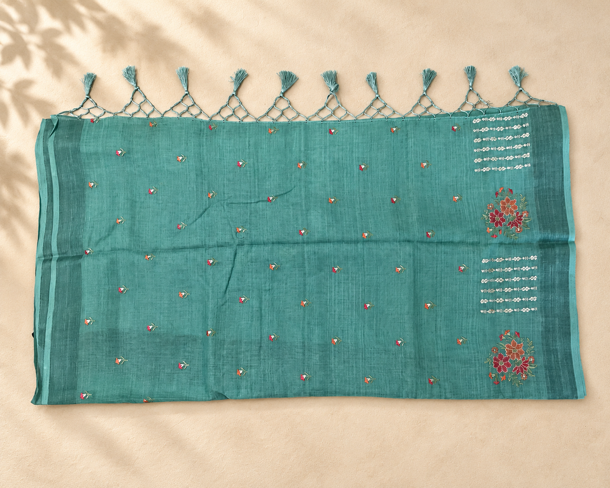 Teal Blue Embroidered Saree