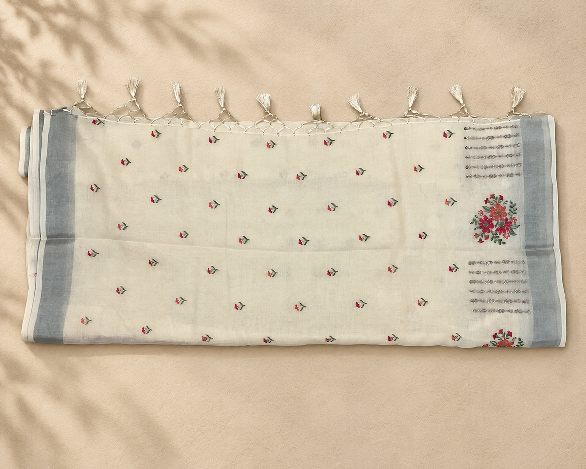 Ivory Floral Embroidered Saree