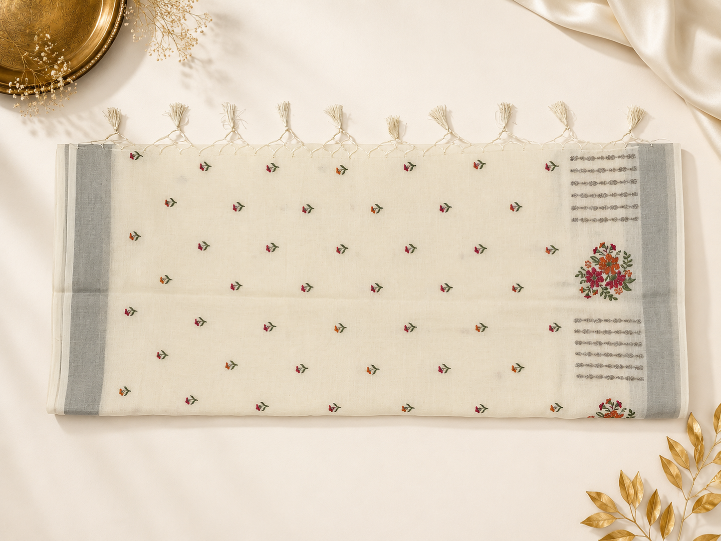 Ivory Floral Embroidered Saree