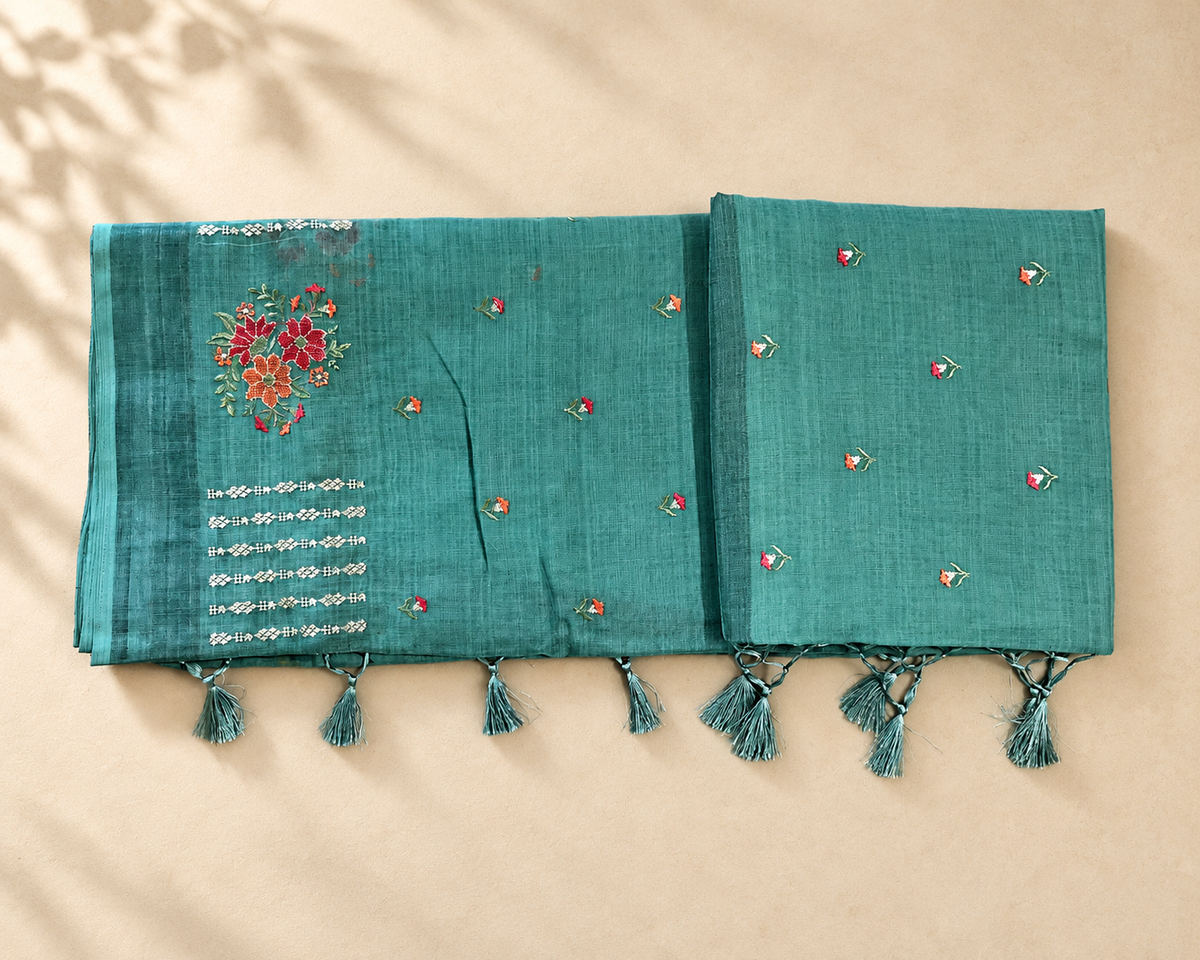 Teal Blue Embroidered Saree