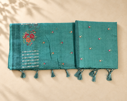Teal Blue Embroidered Saree