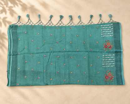 Teal Blue Embroidered Saree