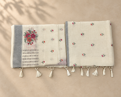 Ivory Floral Embroidered Saree