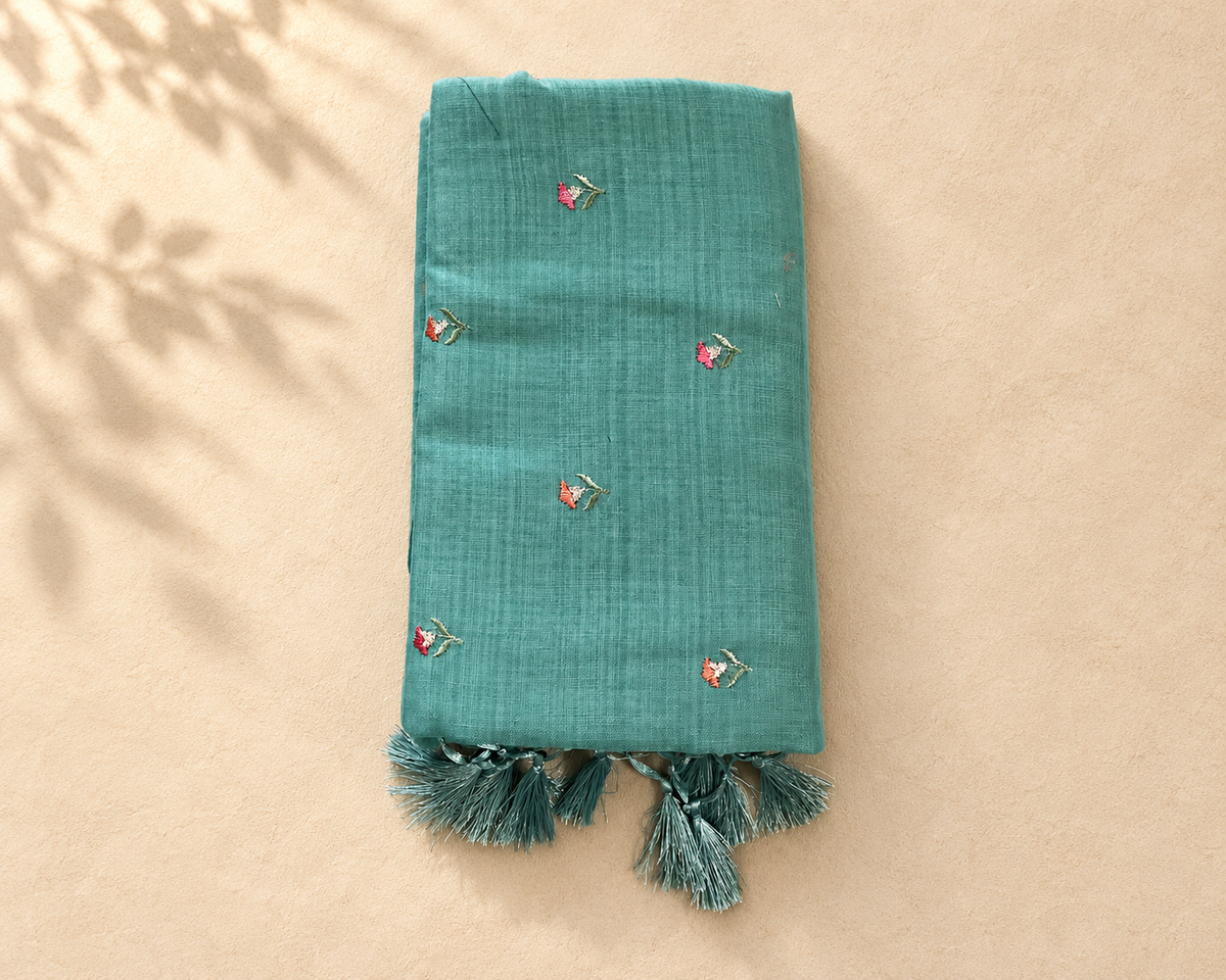 Teal Blue Embroidered Saree