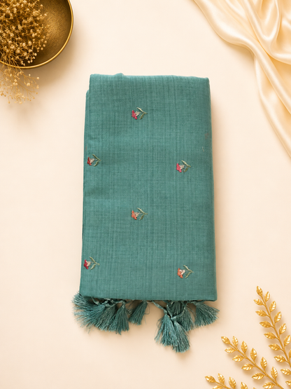 Teal Blue Embroidered Saree