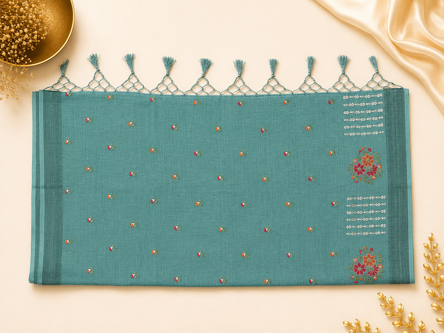 Teal Blue Embroidered Saree
