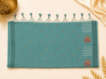 Teal Blue Embroidered Saree