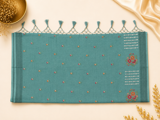 Teal Blue Embroidered Saree