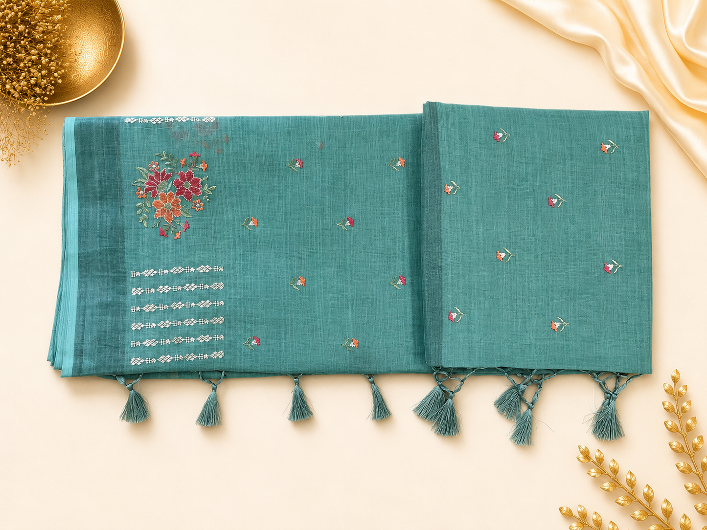 Teal Blue Embroidered Saree