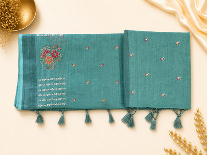 Teal Blue Embroidered Saree