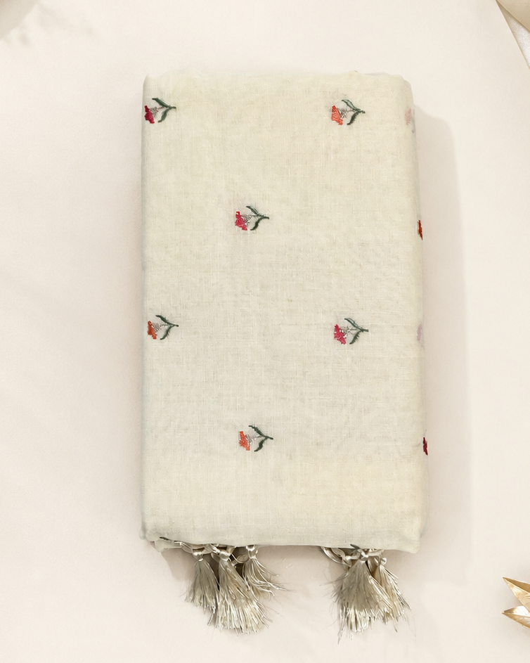 Ivory Floral Embroidered Saree
