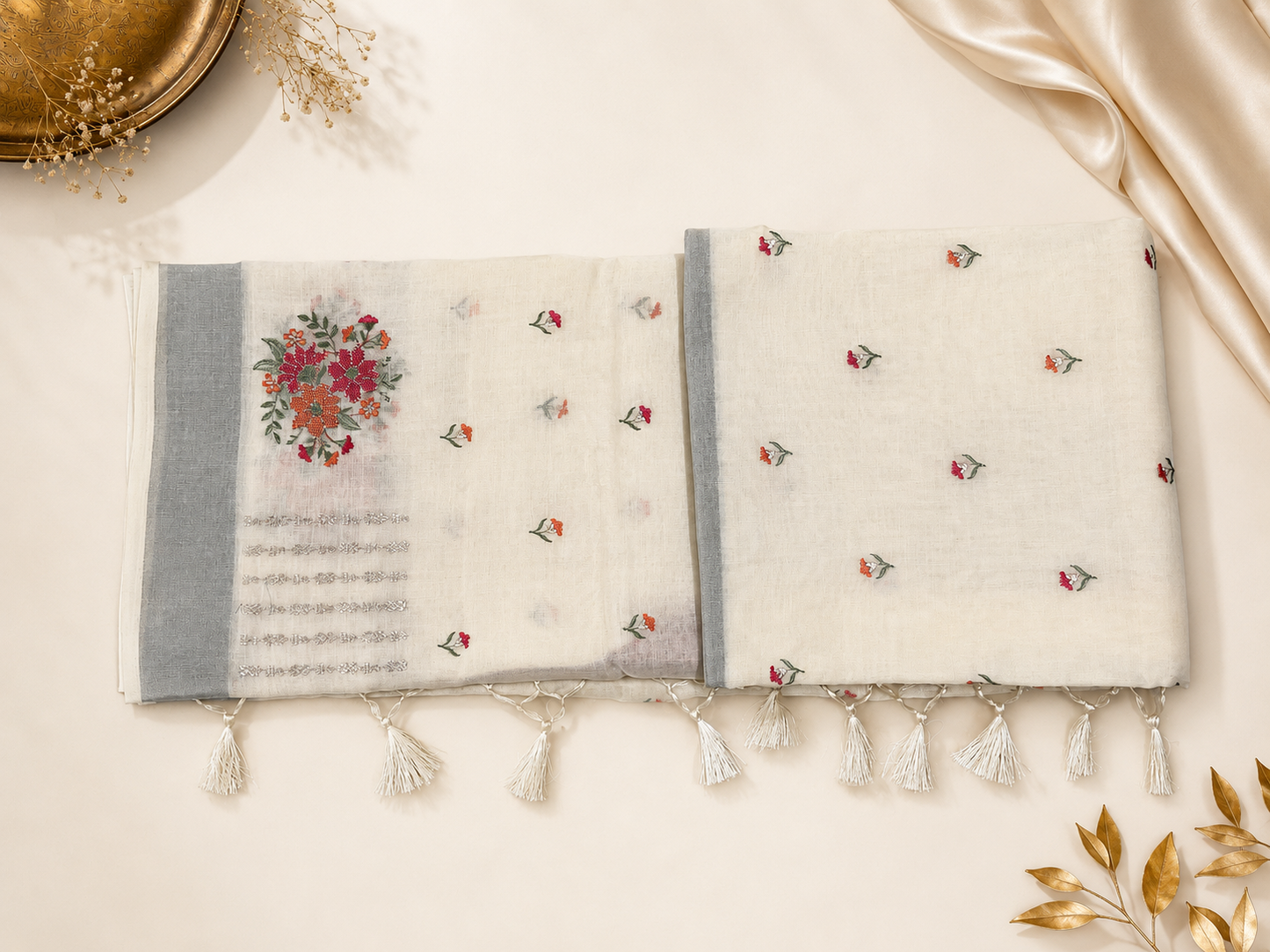 Ivory Floral Embroidered Saree