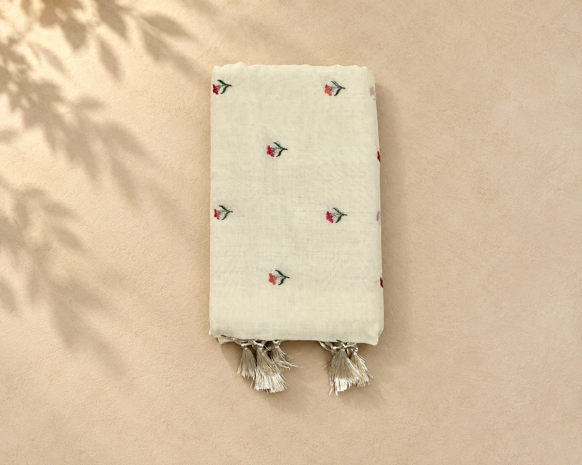 Ivory Floral Embroidered Saree